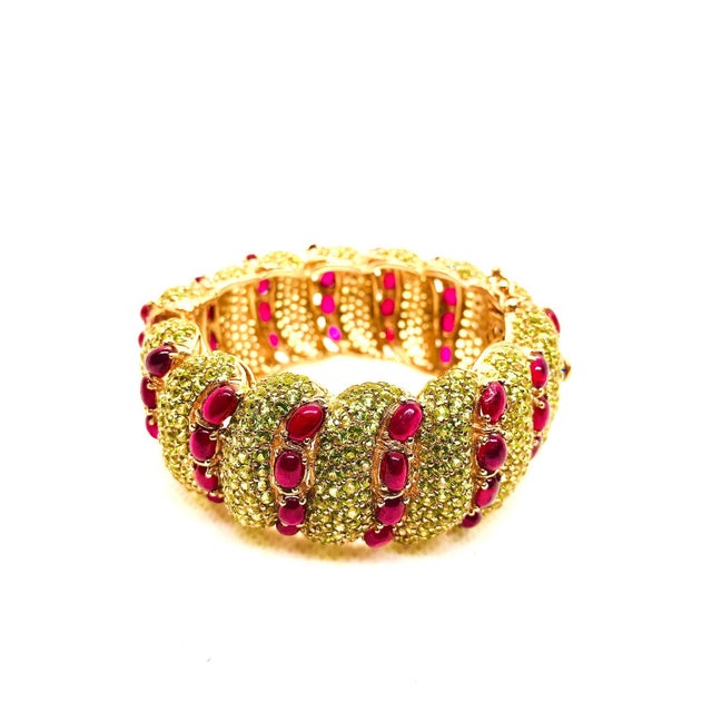 Ruby Red Bochic "Capri" Vintage Natural Ruby & Peridot Bangle Set In 18K Gold & Silver For Sale - Image 8 of 10