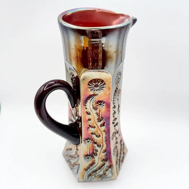 Glass Antique Fenton Paneled Dandelion Tankard Pitcher Carnival Glass Amethyst Body With Gold Effect, Circa 1910 For Sale - Image 7 of 12