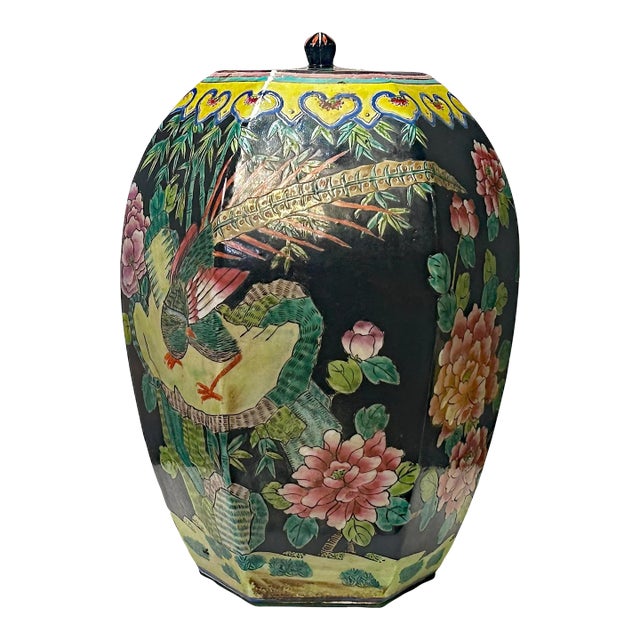 Oriental Vintage Black Base Color Flower Bird Hexagonal Porcelain Jar For Sale