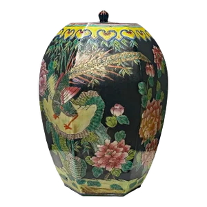 Oriental Vintage Black Base Color Flower Bird Hexagonal Porcelain Jar