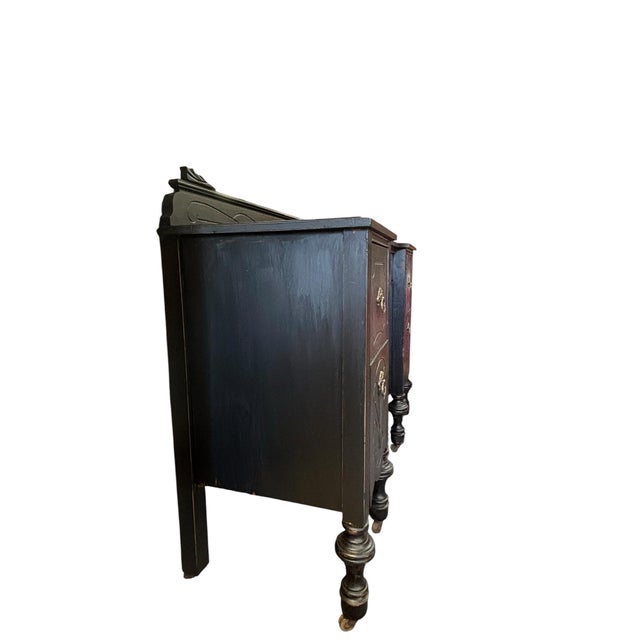 Vintage Black Art Deco Vanity With Three-Part Mirror, Carved Wood & Ring Pull Hardware For Sale - Image 10 of 10