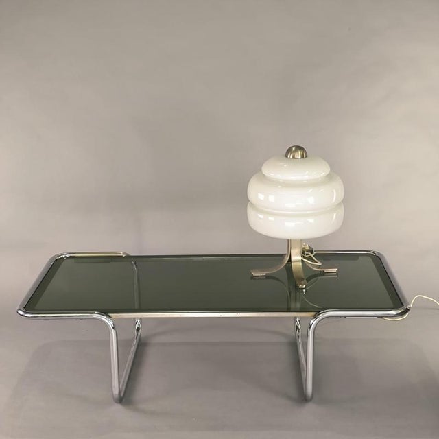 Coffee table - Living room table, with a 1970s Space Age design. Chromed steel frame, smoked green glass top with a unique...