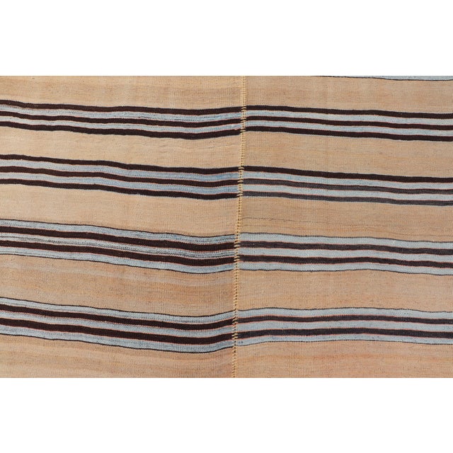 Turkish Vintage Kilim Striped Rug in Brown, Blue & Cream 5'3 X 12'4 For Sale - Image 4 of 11