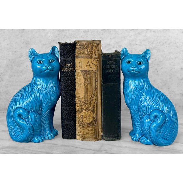 A Pair of 1950's Chinese Ceramic Mantle Cat Sculptures Attractive Bright Turquoise Blue Glazed Ceramic with Striking...