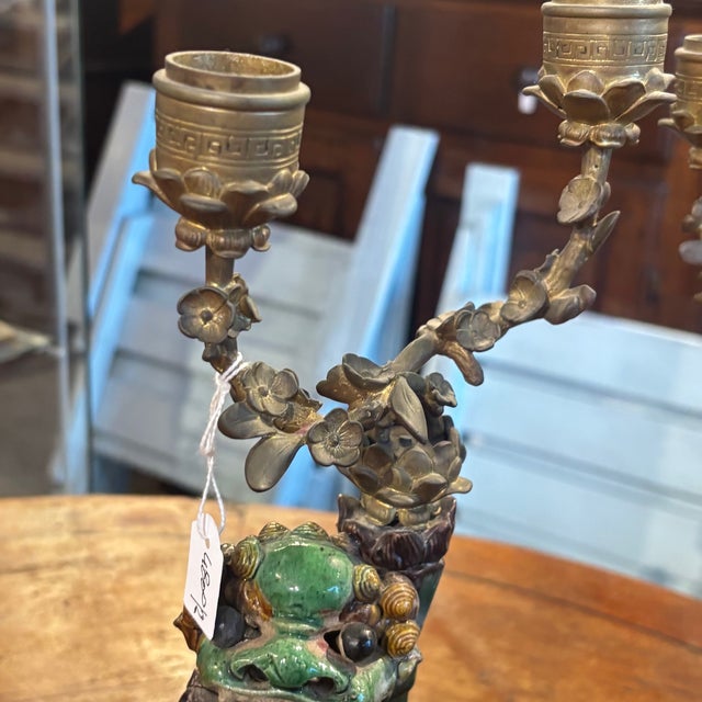 Antique Fo Dog Candleholders in Majolica and Bronze, 1800, Set of 2 For Sale - Image 8 of 15