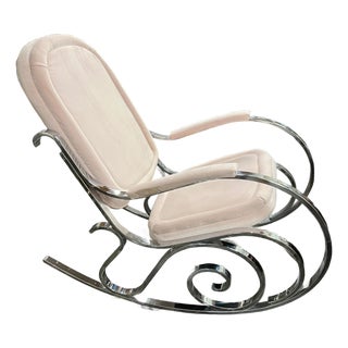 1970's Modernist Chrome Maison Jansen Style Hollywood Regency Rocking Chair With Pink Upholstery For Sale