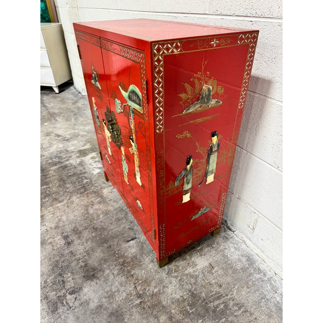 Vintage Chinese Red Chinoiserie Cabinet For Sale - Image 4 of 12