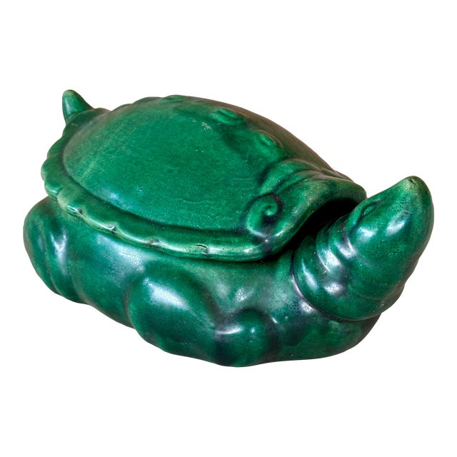 Mid-20th Century Green Crackle Glaze Turtle Trinket Box For Sale