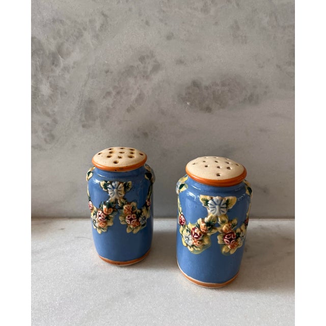 Vintage Blue Floral Ceramic Salt & Pepper Shakers For Sale - Image 4 of 8