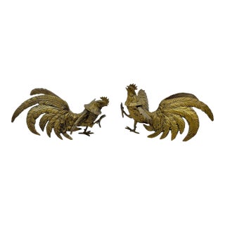 Vintage Brass Fighting Rooster Tablescape Statues- A Pair For Sale