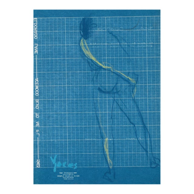 1960s Kay Yares Standing Female Nude Drawing on Blue Paper For Sale