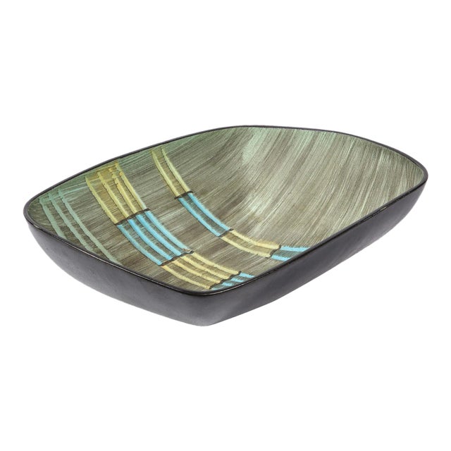 Mid-Century Modern Hand Painted Ceramic Bowl With Aqua & Flaxen Yellow Accents For Sale