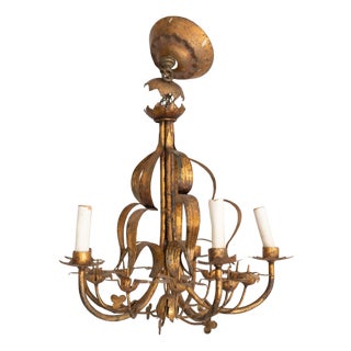 1960s Italian Gilt Metal Floral Chandelier, Wrought Iron, Five Lights For Sale