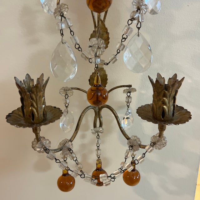 Gold Antique Pair of Italian Gold Gilt & Crystal Candle Sconces For Sale - Image 8 of 12