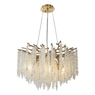 Aloadecor 25'' Modern Glam Crystal Chandelier Antique Brass Branch Style 6-Light Pendant Ceiling Light For Sale
