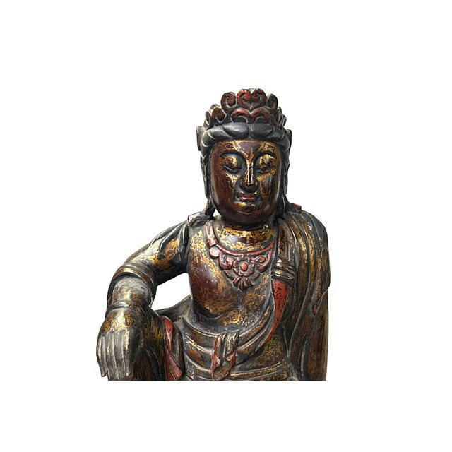 Paint Vintage Chinese Golden Red Brown Lacquer Wood Bodhisattva Statue For Sale - Image 7 of 9