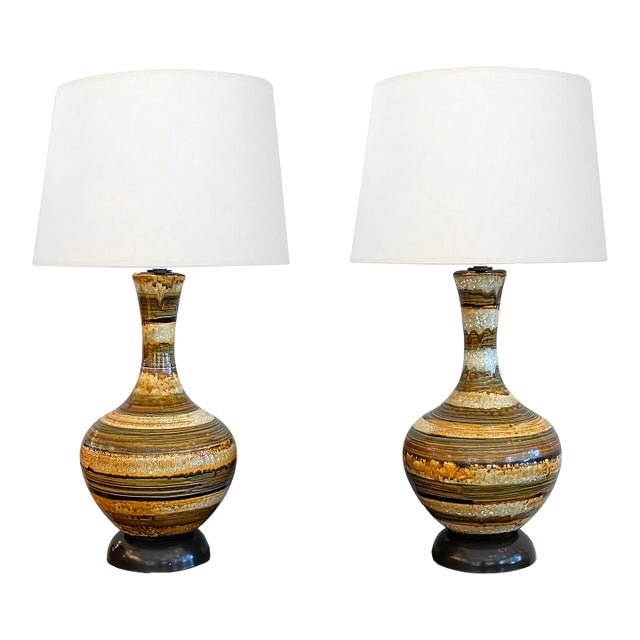 Pair 1960s Nova of California Hand-Thrown Ceramic Lamps With Earth-Tone Stripes For Sale