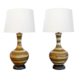 Pair 1960s Nova of California Hand-Thrown Ceramic Lamps With Earth-Tone Stripes