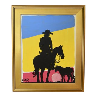 Southwest Cowboy & Horses Silhouette Oil Painting Including the Antiqued Gold Wood Frame For Sale