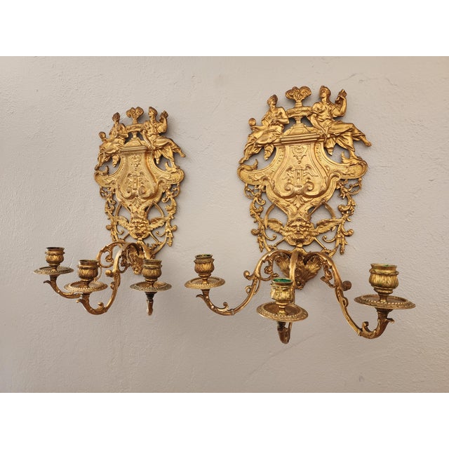 French Antique 19th C Pair French Napoleon III Gilt Bronze Louis XVI Style Sconces For Sale - Image 3 of 16