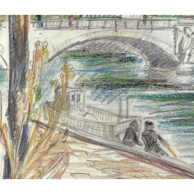 Grace Spongberg (American, 1906-1992) "Pont des Invalides" oil pastel on paper of the Seine and Parisian streets; titled...