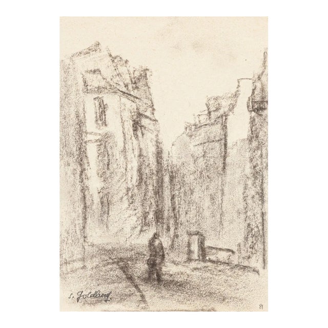 Village - Original Charcoal Drawing by S. Goldberg - Mid 20th Century Mid 20th Century For Sale