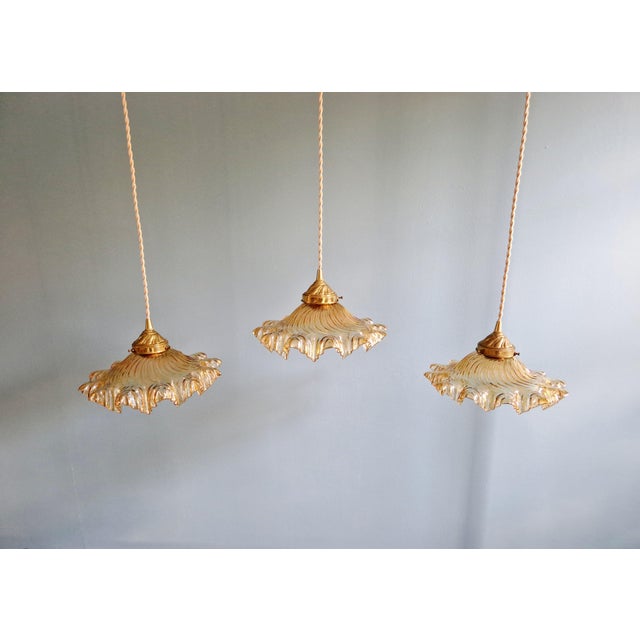 Amber-Colored Pleated Glass Pendant Lights, 1930s, Set of 3 For Sale - Image 13 of 18