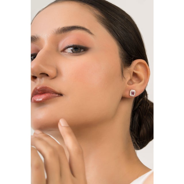 Natural Pink Sapphire & Diamond Halo Stud Earrings in 14k Gold Fine Jewelry- A Pair For Sale - Image 10 of 15