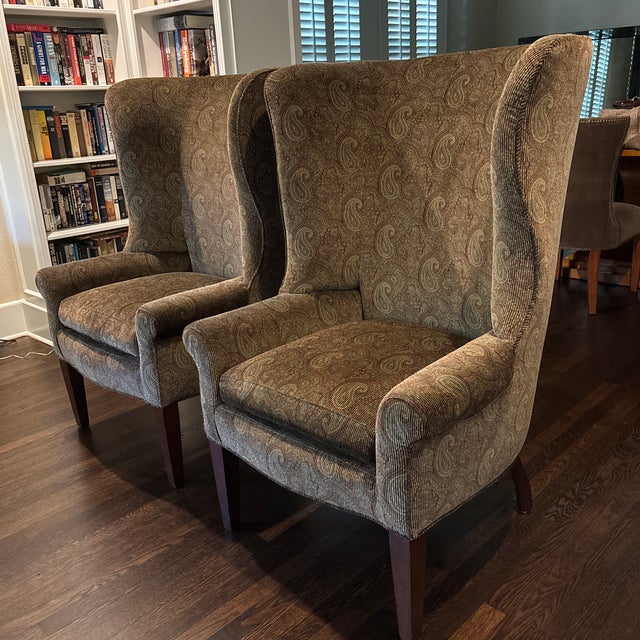 Custom designed wingback chairs in perfect condition. Will add a sense of curated character to any space and comfortable...