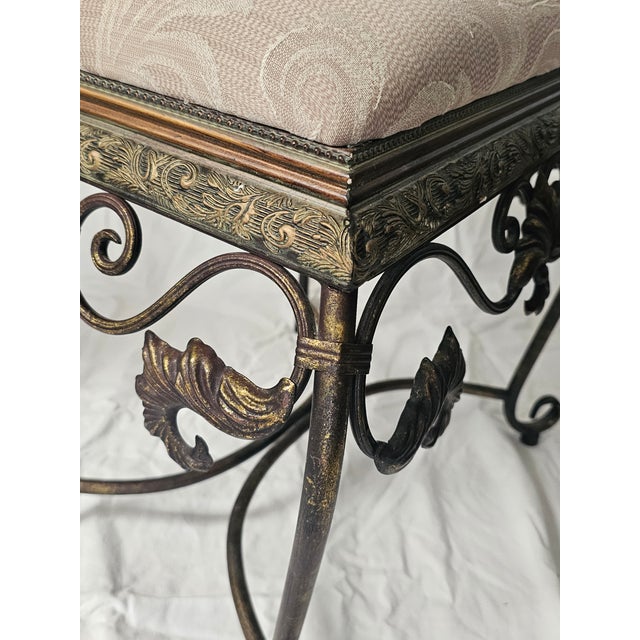 Vintage Bronze Scrollwork Vanity Bench With Cream Jacquard Upholstery For Sale - Image 16 of 18