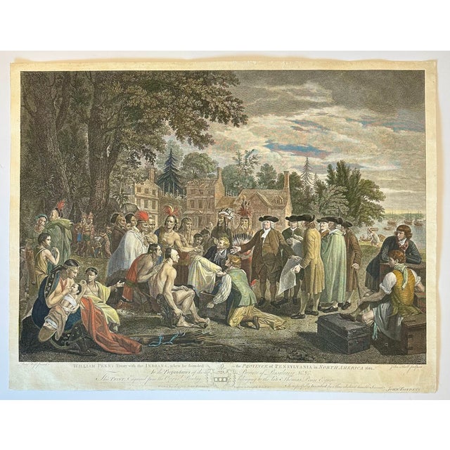 Sculpture Materials Late 18th Century William Penn's Treaty With the Indians — Original Hand-Colored Engraving by Hall, Circa 1683 For Sale - Image 7 of 7