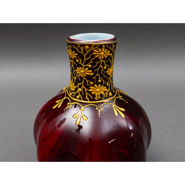 Glass Mid 20th Century Bohemian Ox Blood Red Floral Gilded Cased Art Glass Vase For Sale - Image 7 of 8