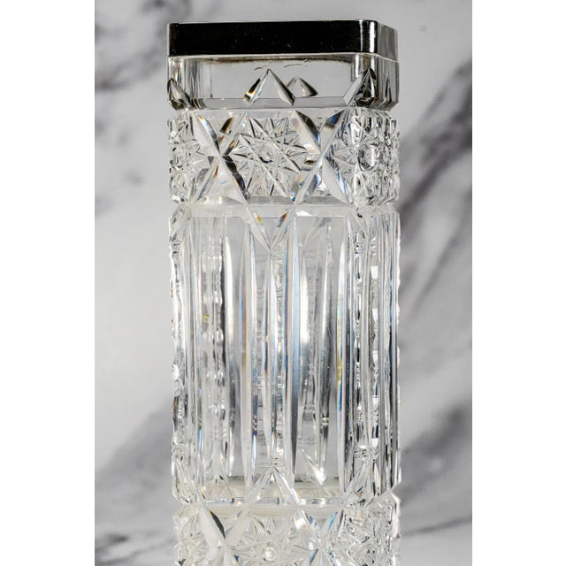 Metal Elegant Edwardian Style Vintage Cut Crystal Rectangular Vase With Sterling Silver Luxury Home Decor For Sale - Image 7 of 12
