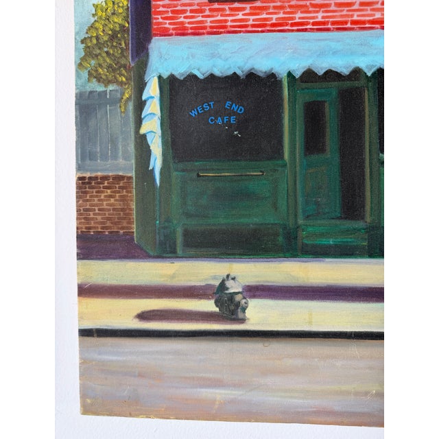 Textile 1980’s j.d. Fotopoulos “West End Cafe” Urban Streetscape Oil on Canvas – Unframed For Sale - Image 7 of 12