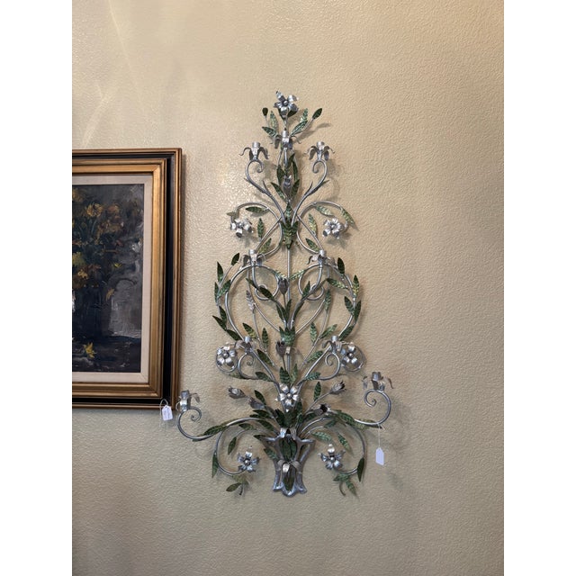 2010s Florentine Style Romantic Metal Vine and Floral Wall 9 Candle Sconces (2) Pair For Sale - Image 5 of 6