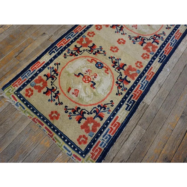 Saffron 1880s Yellow Foo Dog Medallion Antique Chinese Ningxia Runner Carpet 2'4" X 7'2" Knotted Wool Rug For Sale - Image 8 of 10
