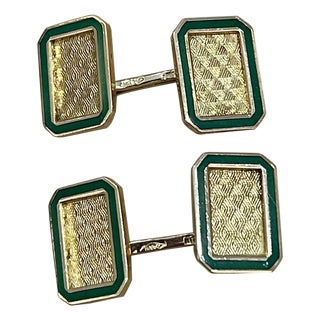 Emerald Cut Shape Green Enamel Cufflinks in 18 Karat Yellow Gold 13 Gm, Men's, A Pair For Sale