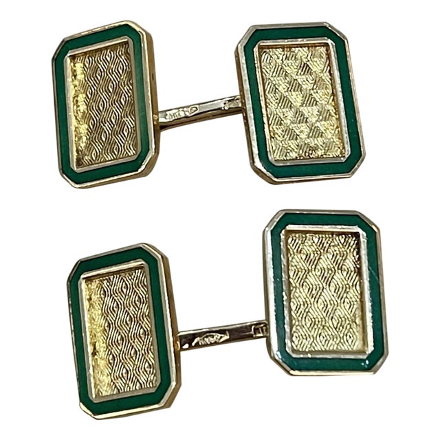 Emerald Cut Shape Green Enamel Cufflinks in 18 Karat Yellow Gold 13 Gm, Men's, A Pair For Sale