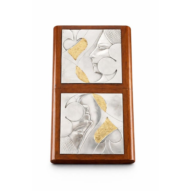 Ottaviani Italian Playing Card Box in polished walnut, designed as an elegant double sliding case. Each lid is decorated...
