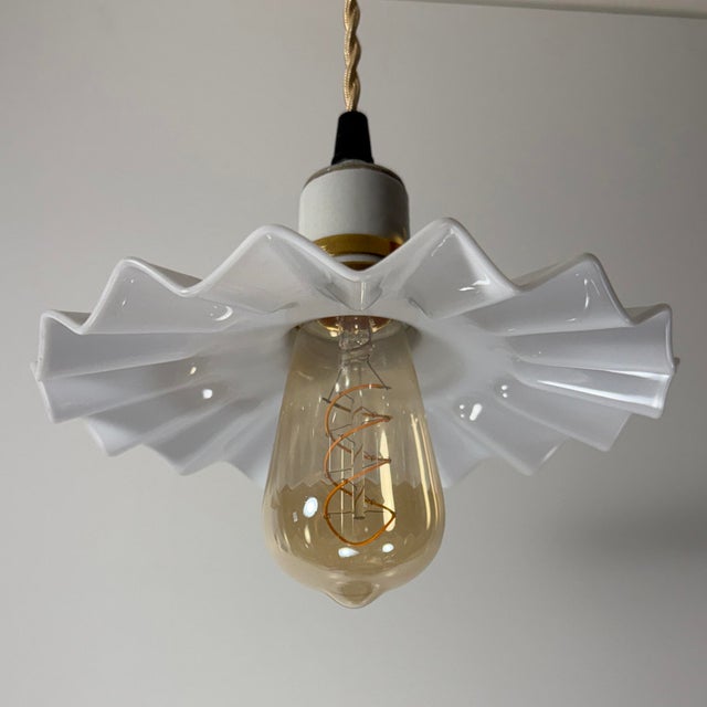 French Country Antique White Opaline Glass “Frill” Pendant Light, 1930s For Sale - Image 3 of 7