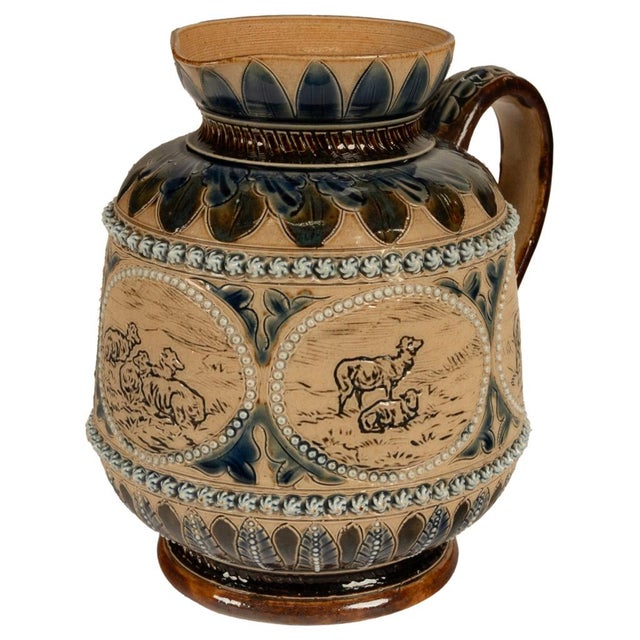 Antique Aesthetic Movement Doulton Lambeth Hannah Barlow Stoneware Jug Sheep, 1873 For Sale In Portland, OR - Image 6 of 17