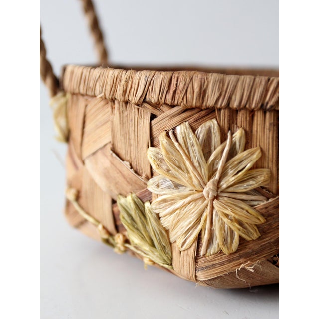 Vintage Handmade Floral Raffia Basket With Braided Handles For Sale - Image 11 of 13