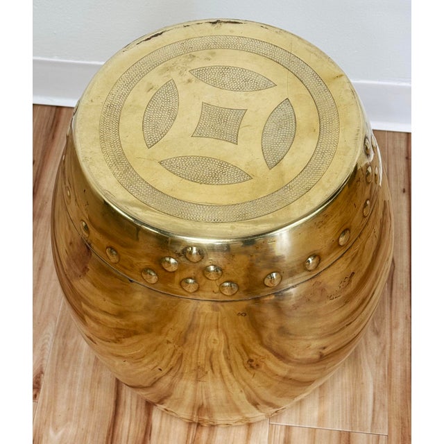 Metal Vintage Chinoisierie Style Brass Garden Drum Stool For Sale - Image 7 of 10