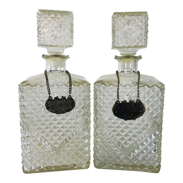 1960s Textured Square Glass Decanters - a Pair For Sale