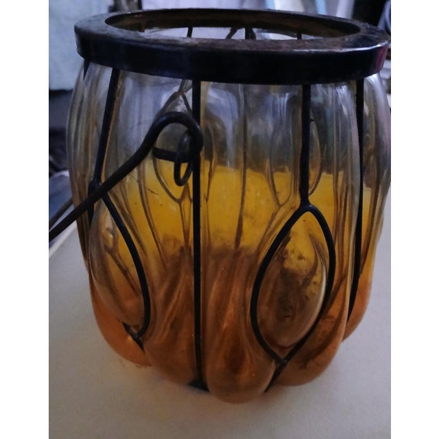 Vintage Blown Caged Glass and Iron Lantern For Sale - Image 4 of 5