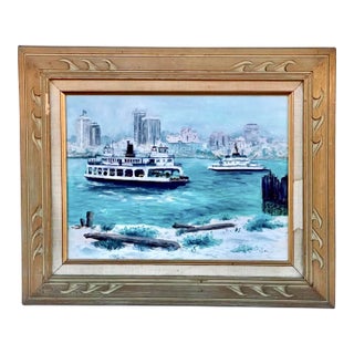 Mid-Century San Diego Waterfront Oil Painting of Coronado Ferryboat, Signed & Framed Vintage Art For Sale