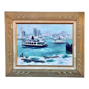 Mid-Century San Diego Waterfront Oil Painting of Coronado Ferryboat, Signed & Framed Vintage Art