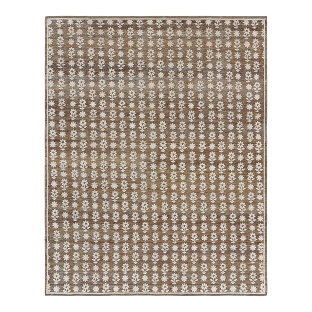 Rug & Kilim’s Modern Block Print Rug in Brown with White Floral Patterns - 5x8 For Sale