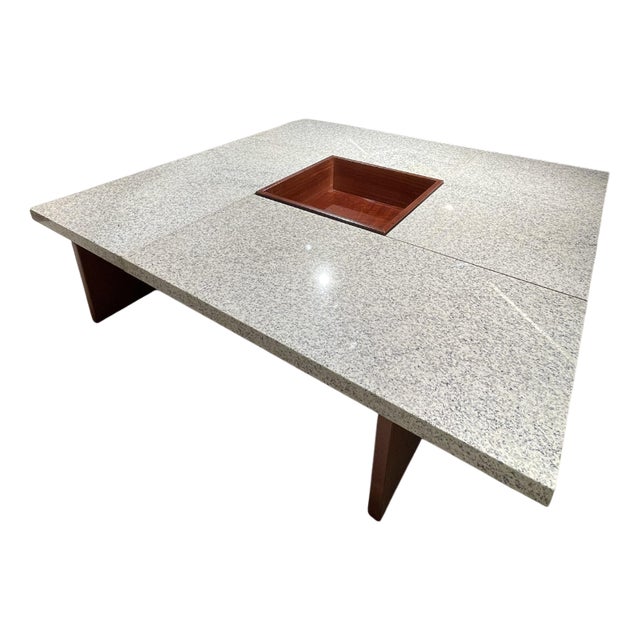 Square Coffee Table in Rosewood with Thick White/Grey Veined Granite Top and Central Wooden Tray, 1950s For Sale