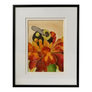 Bee on Marigold Original Watercolor Painting Signed and Framed